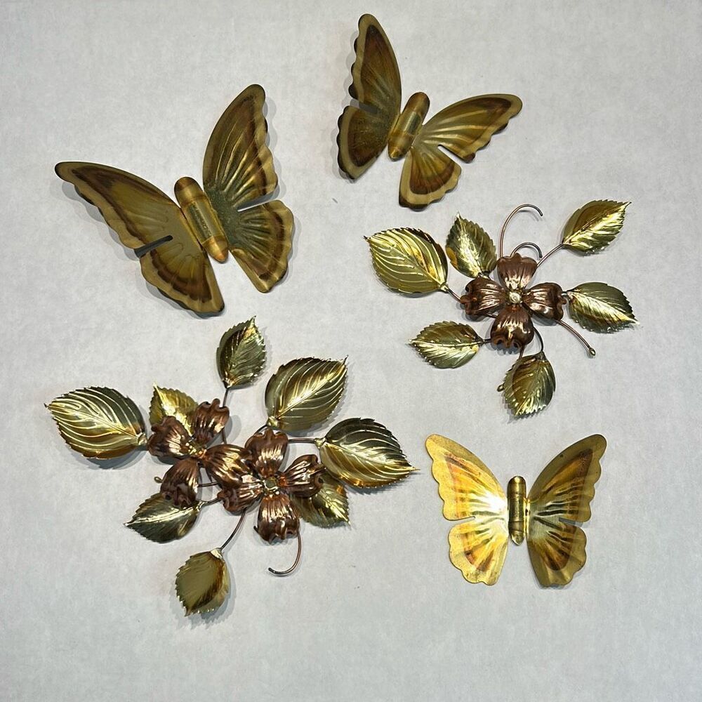 Vtg Copper Brass Metal Flowers Butterfly 5 Pc Set Wall Decor Gold Lightweight